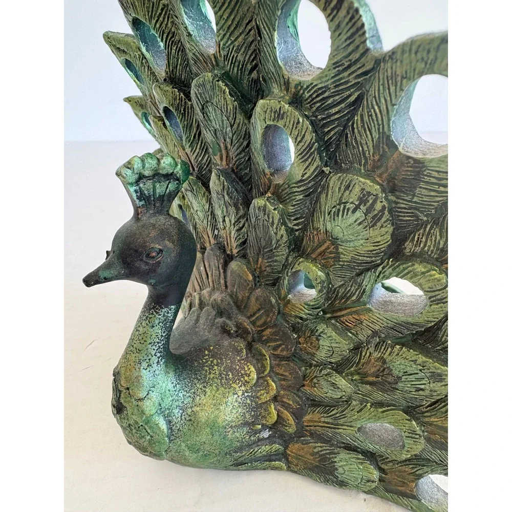 Maison Roi Peacock Candle Holder Green Bronze Fan Tail Figurine Decor